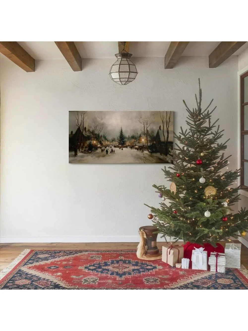 Rustic Farmhouse Vintage Winter Wall Art - Large Framed Canvas Decor, 40x20
